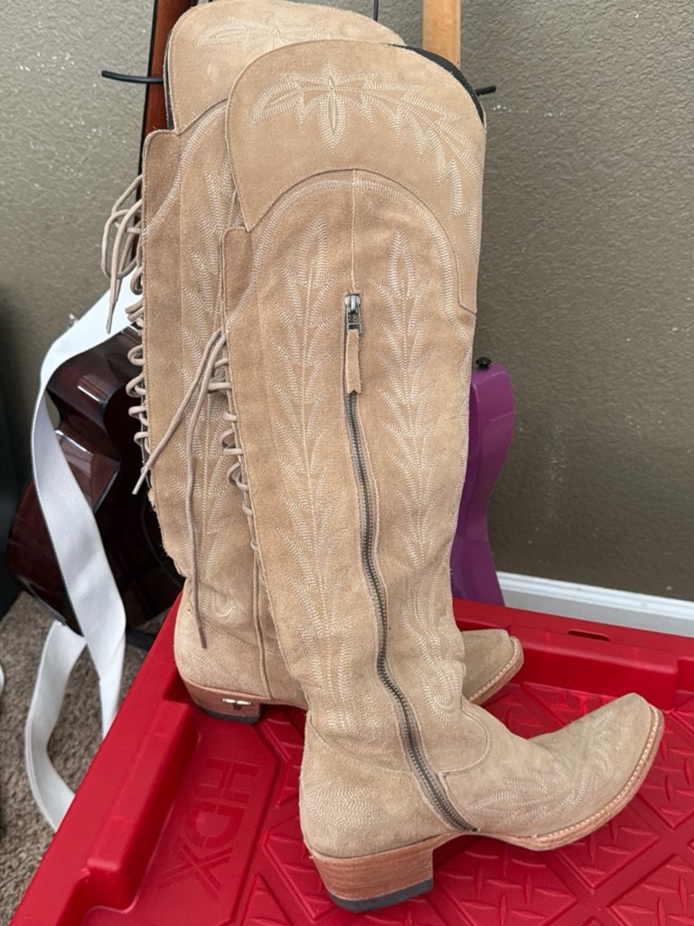 Over-the-Knee Suede Lace-Up Boots in Beige